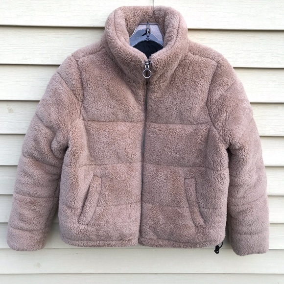 Hollister Cozy Mockneck Puffer Sherpa Jacket Beige - Picture 8 of 14